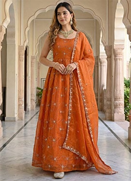 Orange Fendy Silk Zari Embroidered Sequins Anarkali Suit