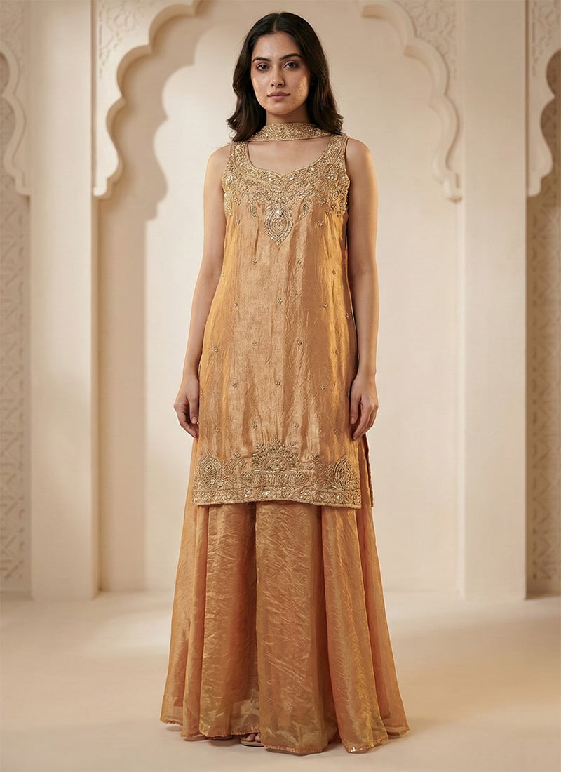 Orange Fendy Silk Zari Embroidered Sequins Palazzo Suit Festive Wear