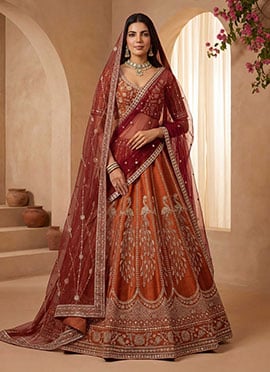Orange Gadhwal Silk Hand Embroidered Sequence Embroidery Lehenga