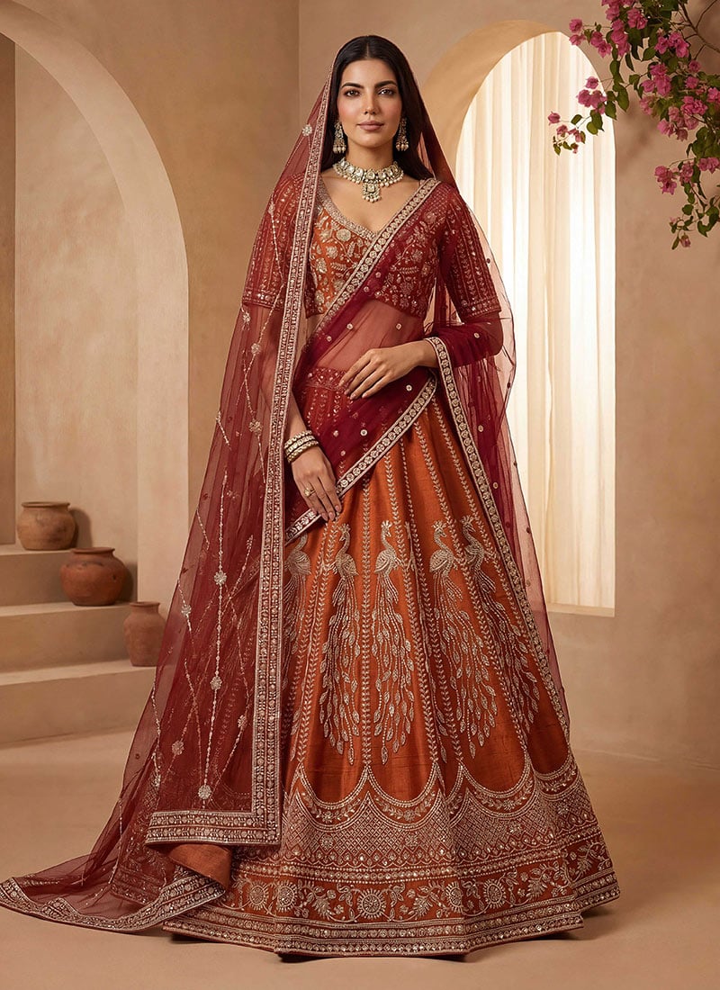 Orange Gadhwal Silk Hand Embroidered Sequence Embroidery Lehenga Wedding Wear