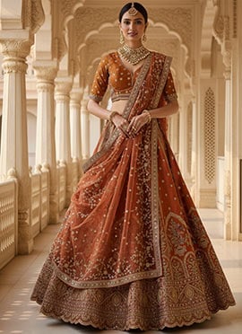 Orange Gadwal Silk Zari Embroidered Sequins Elegant Lehenga