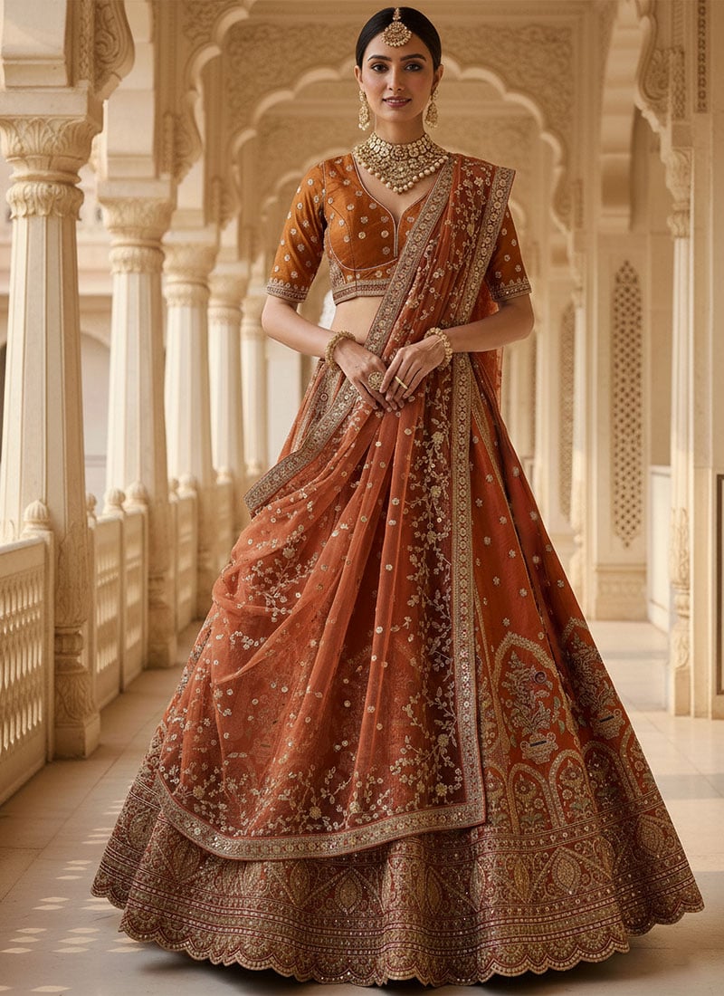 Orange Gadhwal Silk Zari Embroidered Sequins Elegant Lehenga Wedding Wear