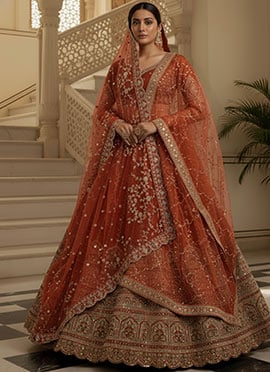 Orange Gadhwal Silk Zari Embroidered Sequins Umbrella Lehenga