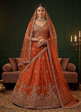 Orange Gadwal Silk Zari Embroidered Sequins With Beads Work Lehenga