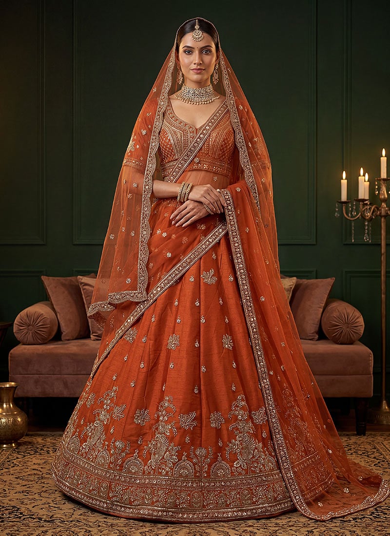Orange Gadwal Silk Zari Embroidered Sequins With Beads Work Lehenga Wedding Wear