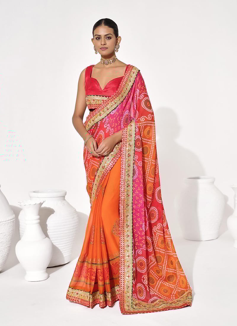 Orange Georgette Bandhini Saree With Embroidery After Six Wear