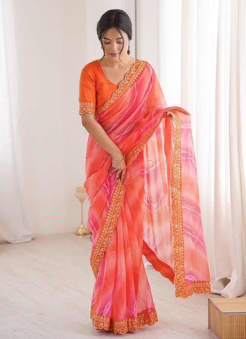 Orange Georgette Chiffon Leheriya Foil Printed Saree After Six Wear