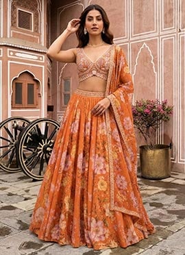 Orange Georgette Cutdana Resham And Beads Hand Embroidered Digital Print Lehenga