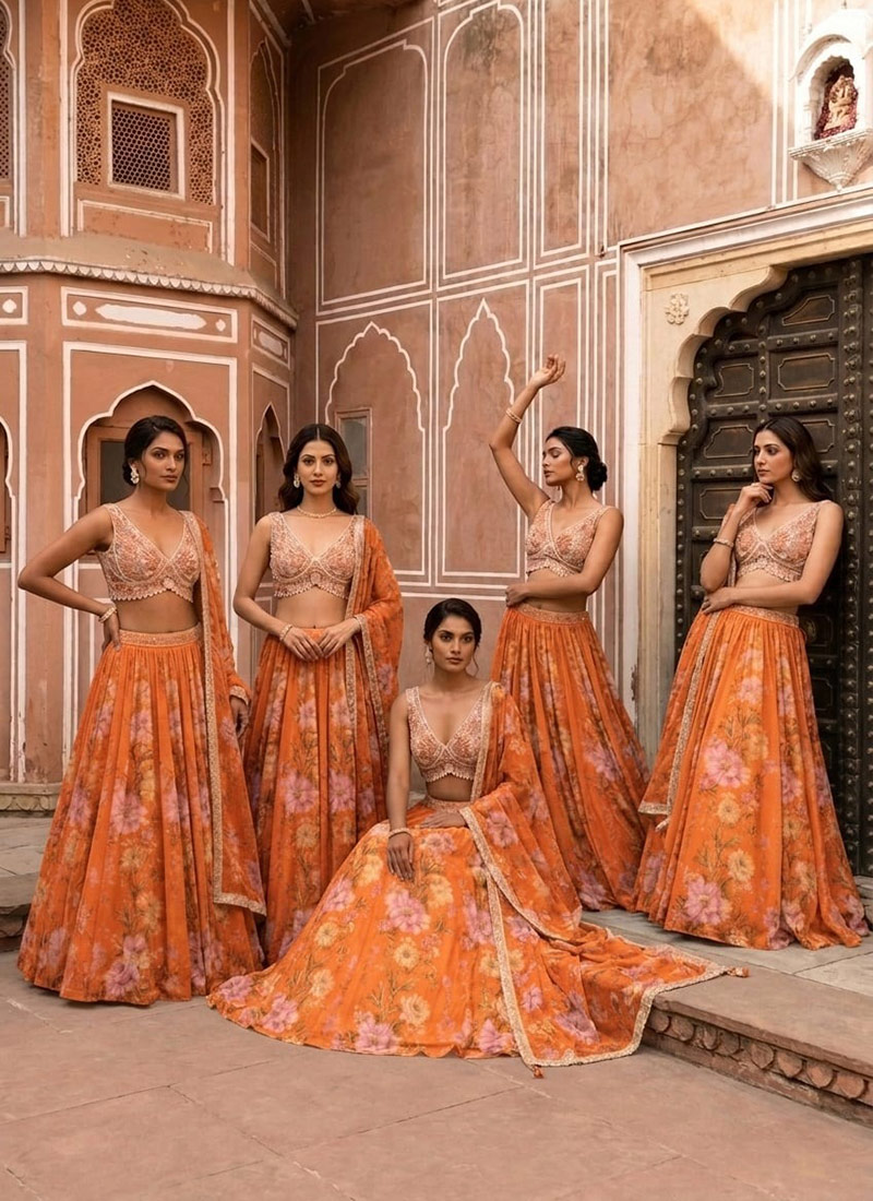 Orange Georgette Cutdana Resham And Beads Hand Embroidered Digital Print Lehenga Wedding Wear