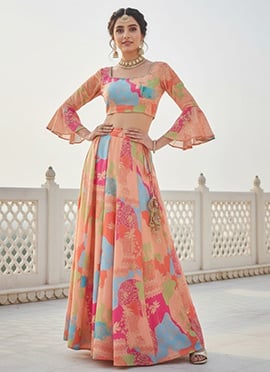 Orange Georgette Digital Print Lace Work Indowestern Set and Suit
