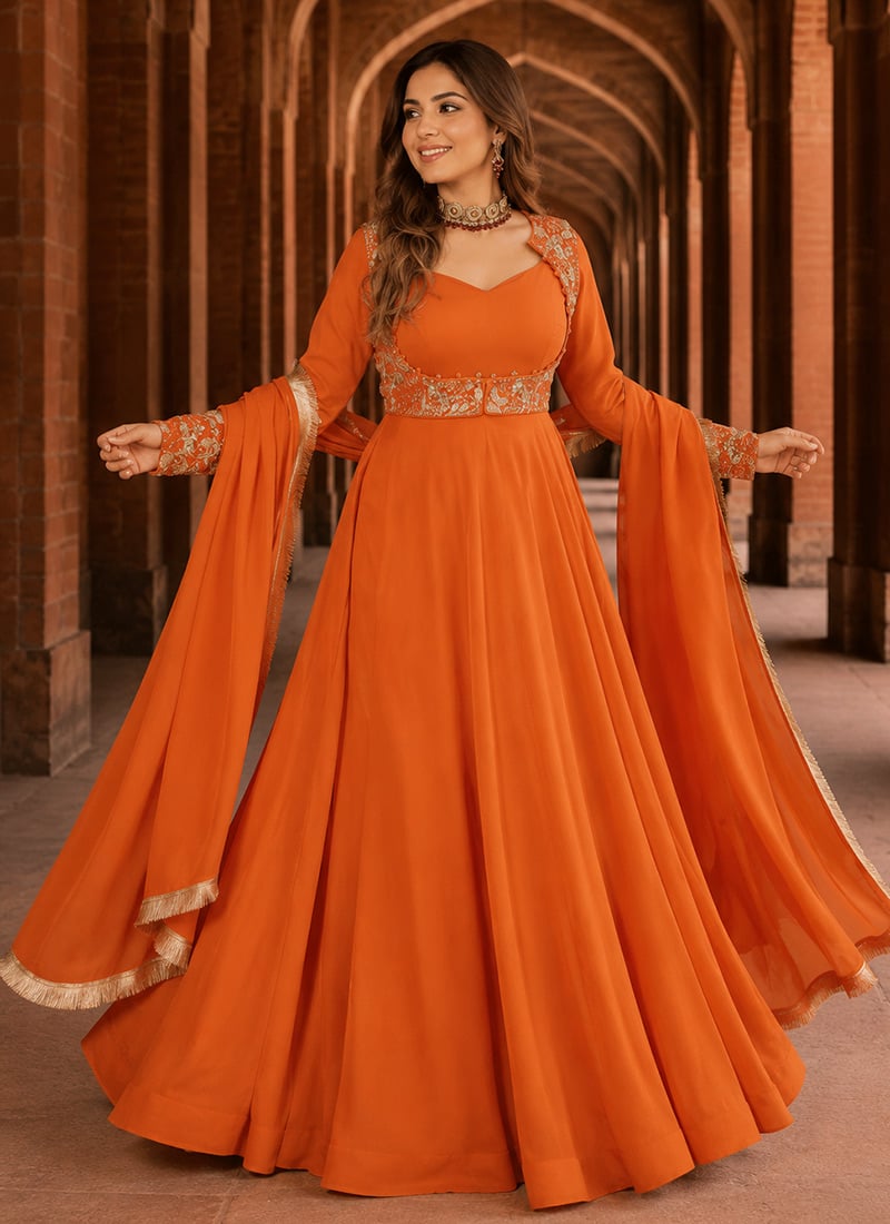 Orange Georgette Embroidered Anarkali Suit After Six Wear