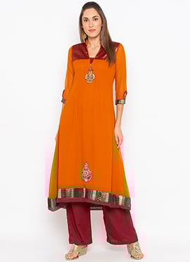 Orange Georgette Embroidered Kurta Palazzo Set