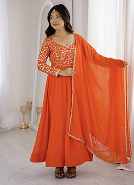 Orange Georgette Embroidered Sequins Anarkali Suit
