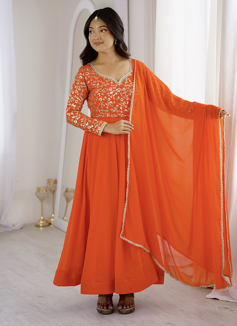 Orange Georgette Embroidered Sequins Anarkali Suit Festive Wear
