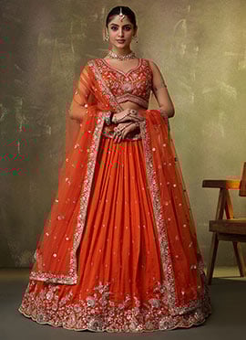 Orange Georgette Embroidered Sequins And Beads Work Lehenga