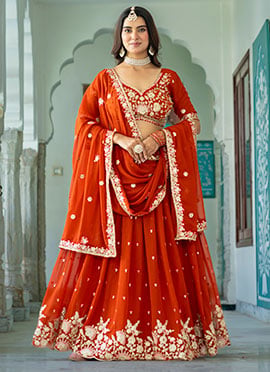 Orange Georgette Embroidered Sequins Lehenga