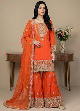 Orange Georgette Embroidered Sequins Sharara Suit