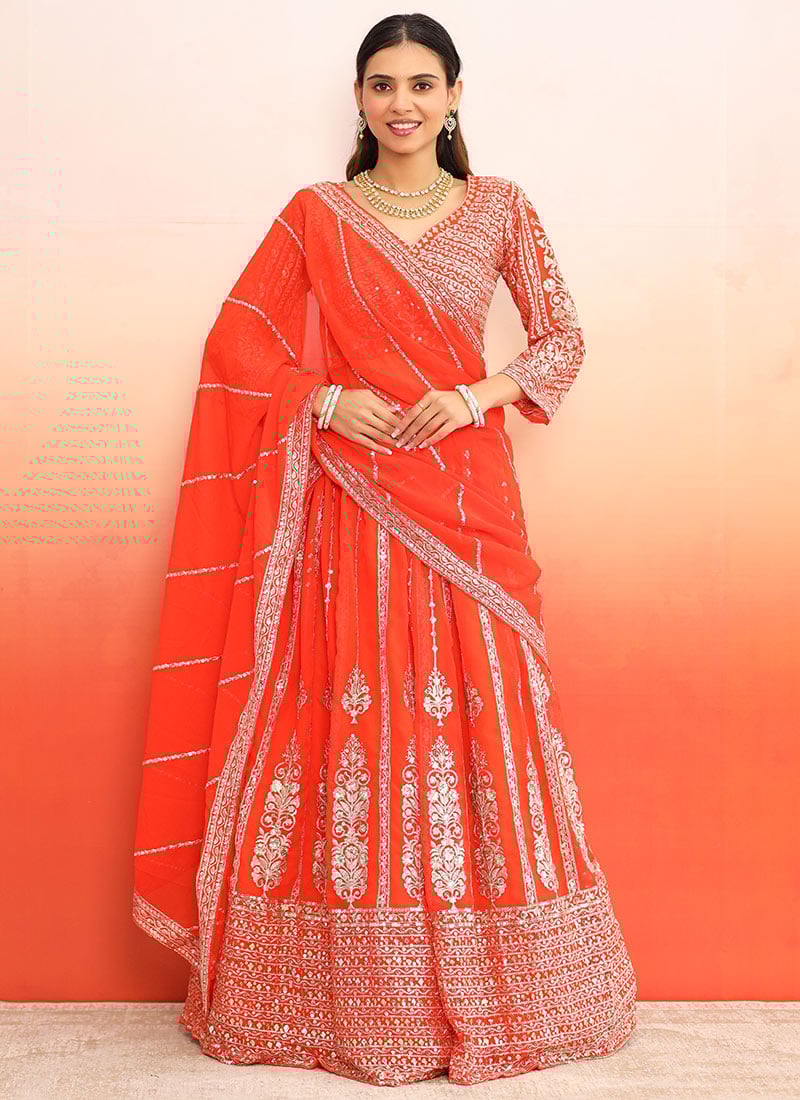 Orange Georgette Embroidered Sequins Timeless Lehenga Wedding Wear
