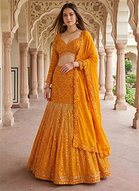 Orange Georgette Embroidery Sequins Lehenga