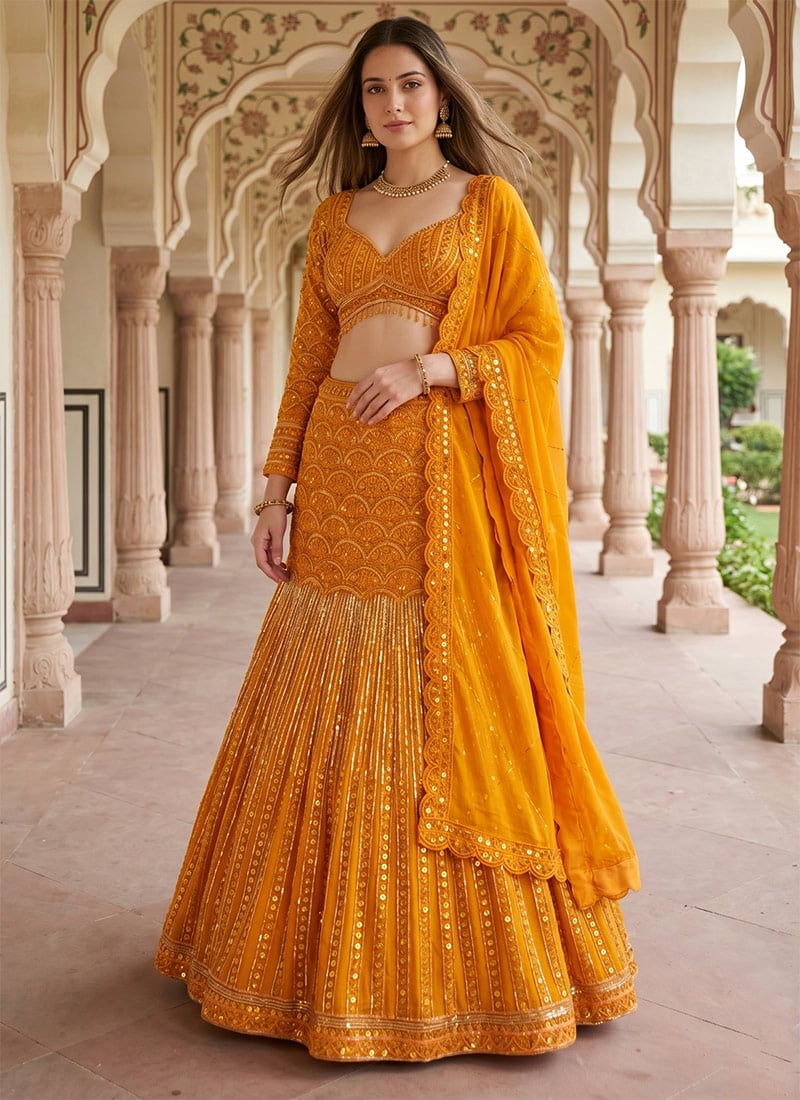 Orange Georgette Embroidery Sequins Lehenga Wedding Wear