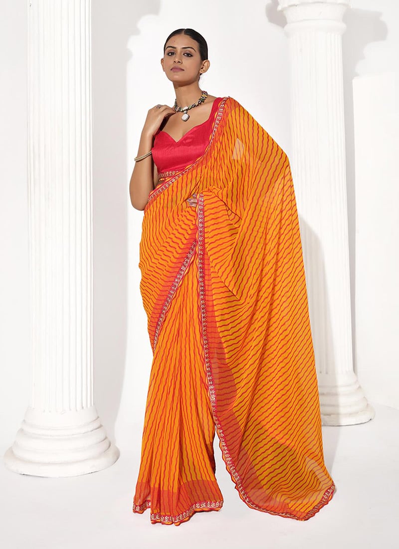 Orange Georgette Leheriya And Border Embroidered Lace Saree