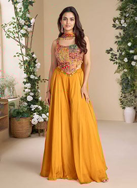 Mustard Georgette Printed Embroidered Sequins Stone Work Indowestern Palazzo Set