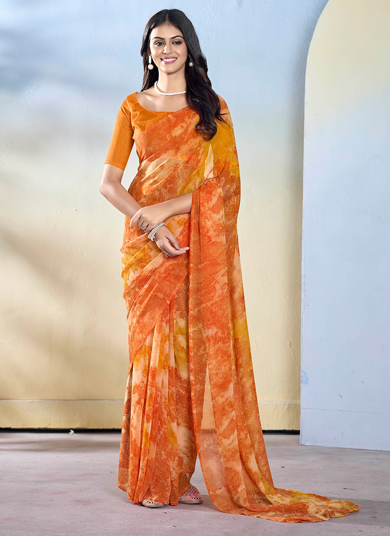 Orange Georgette Printed Saree After Six Wear
