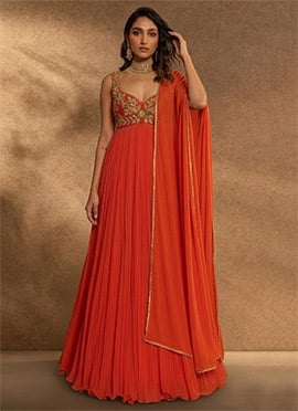 Orange Georgette Resham Beads Hand Embroidered Anarkali Suit