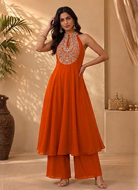 Orange Georgette Resham Embroidery Halter Neck Kurta Palazzo Set