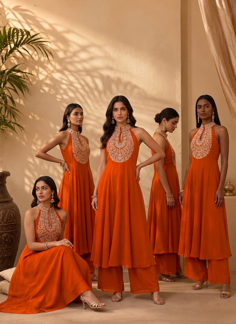Orange Georgette Resham Embroidery Halter Neck Kurta Palazzo Set After Six Wear