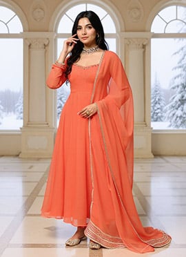 Orange Georgette Sequins Hand Embroidered Anarkali Suit