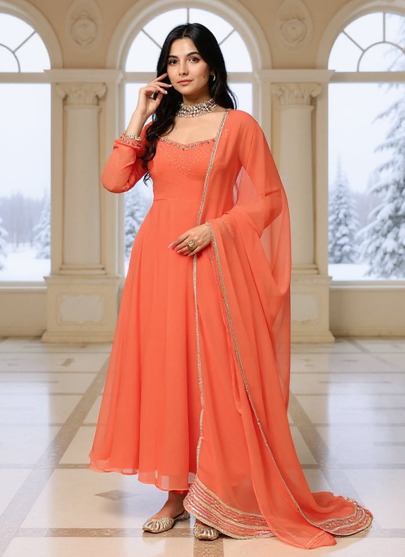Orange Georgette Sequins Hand Embroidered Anarkali Suit