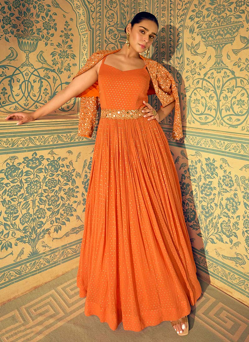 Orange Georgette Zari And Embroidered Sequins Gown