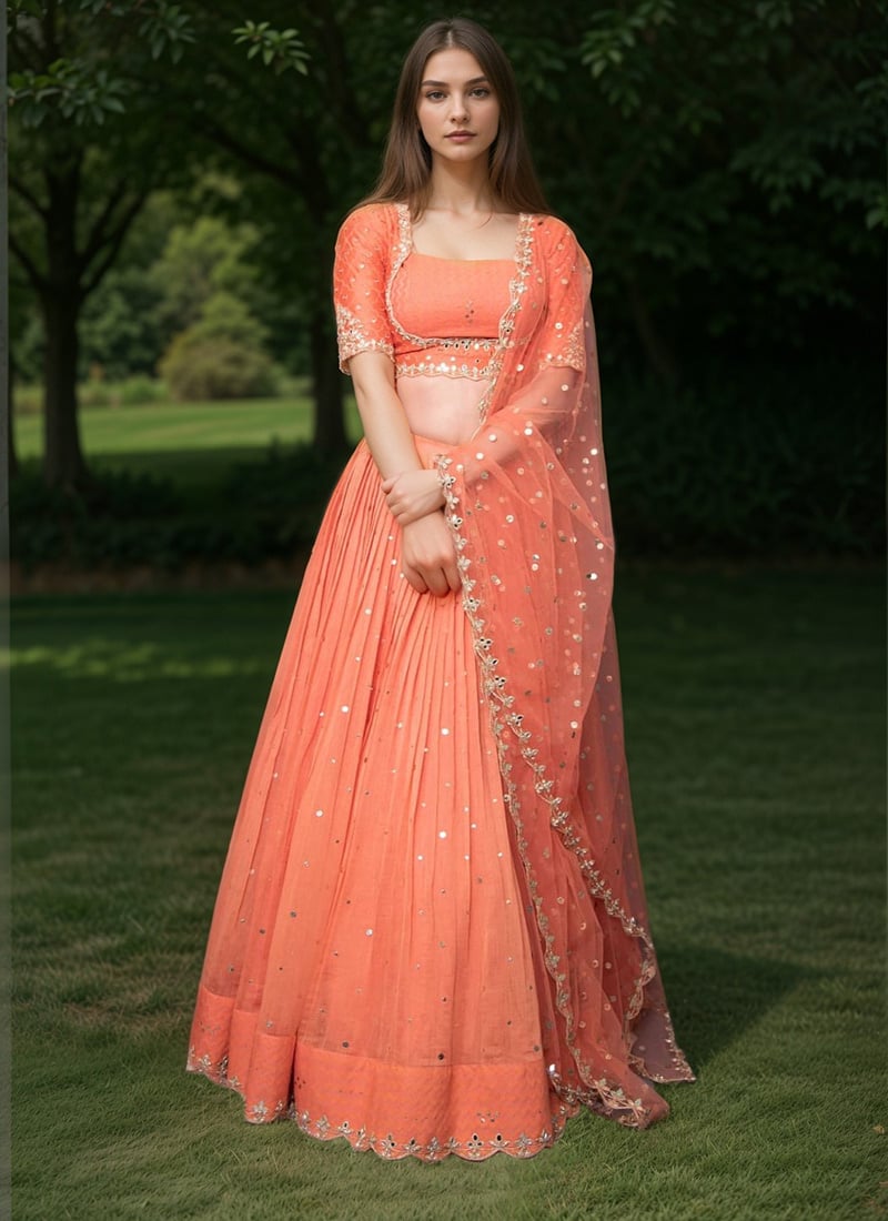 Orange Georgette Zari And Mirror Work Lehenga Wedding Wear-GHSCCRM017
