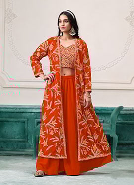 Orange Georgette Zari Embroidered Sequins Indowestern Jacket Palazzo Set