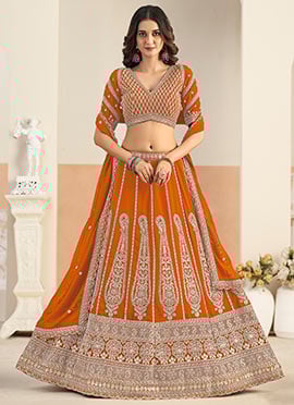 Orange Georgette Zari Embroidered Sequins Lehenga Set