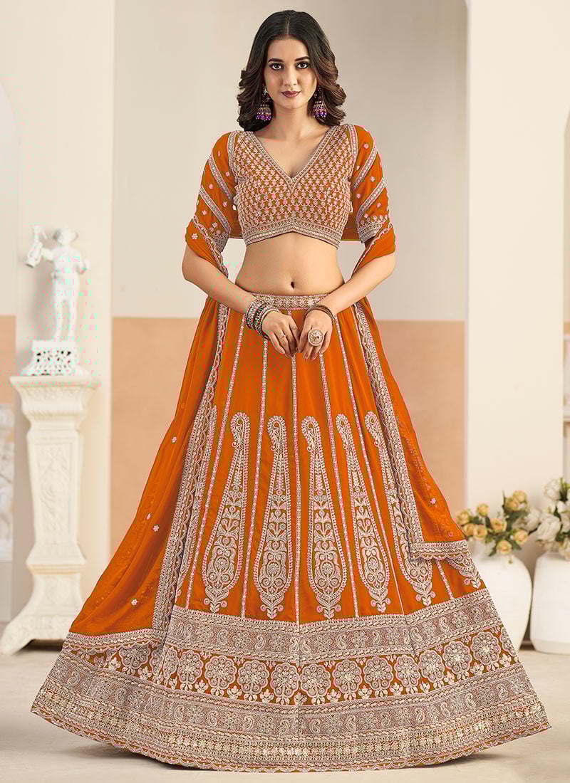 Orange Georgette Zari Embroidered Sequins Lehenga Set Wedding Wear