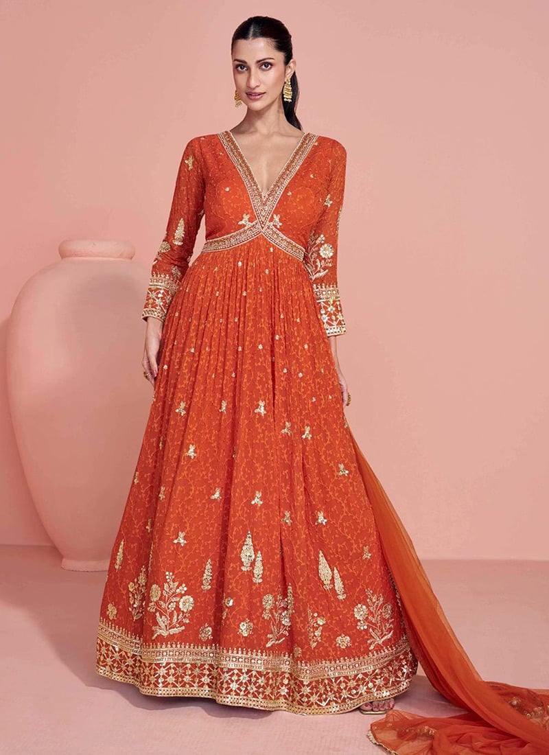 Orange Georgette Zari Embroidered Sequins Thread Anarkali Suit Festive Wear