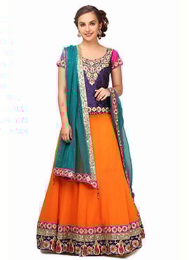 Orange Georgette Zari Embroidered Work Umbrella Lehenga