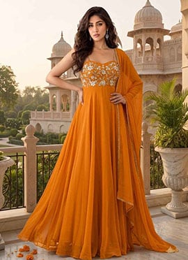 Orange Georgette Zari Resham Sequins Embroidered Anarkali Suit