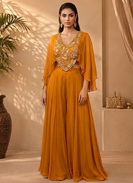 Orange Georgette Zari Sequins Embroidered Indo Western Palazzo Set