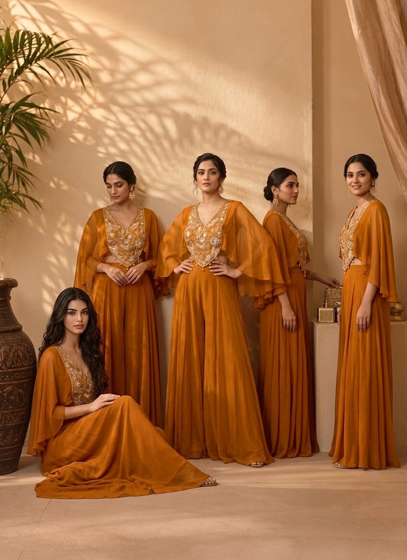 Orange Georgette Zari Sequins Embroidered Indo Western Palazzo Set Wedding Wear