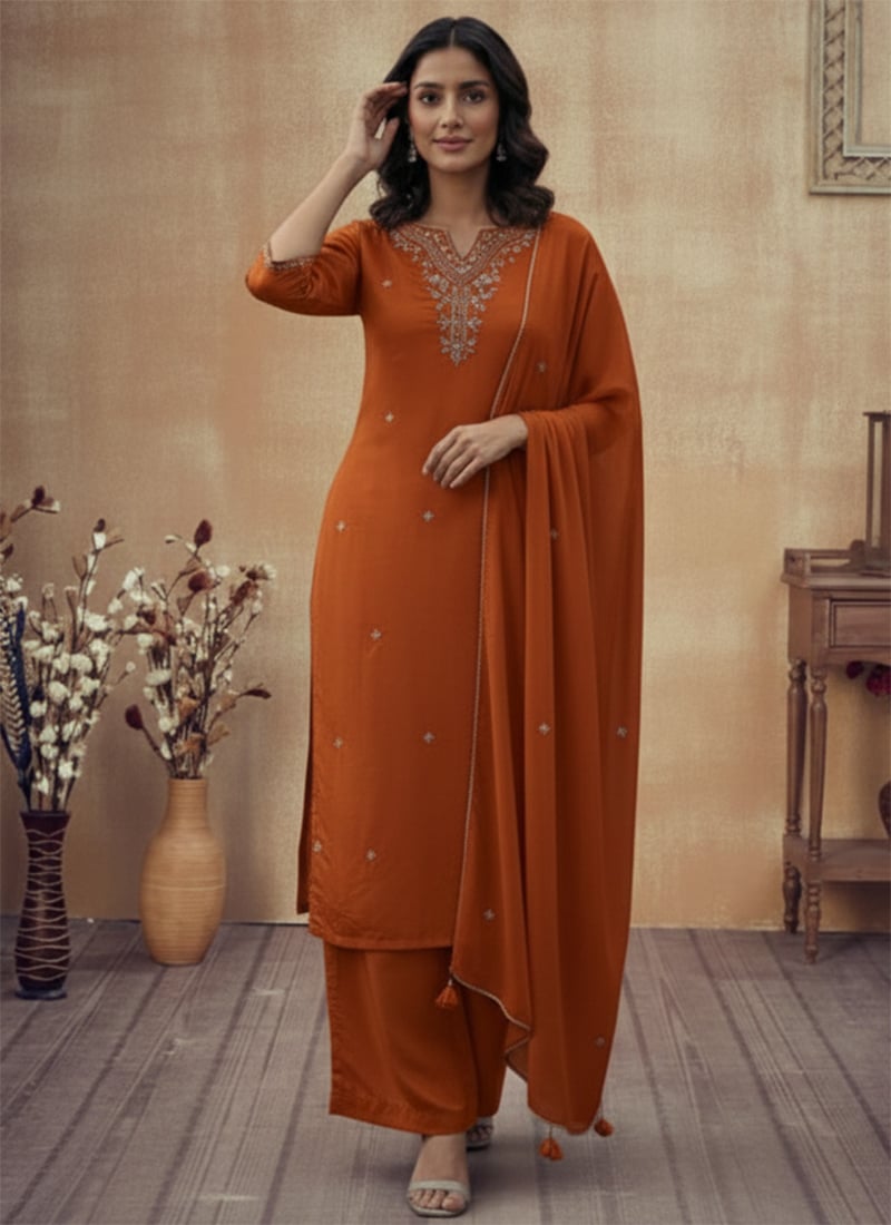 Orange Georgette Zari Sequins Hand Embroidered Palazzo Suit Festive Wear