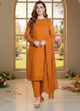 Orange Georgette Zari Sequins Straight Pant Suit