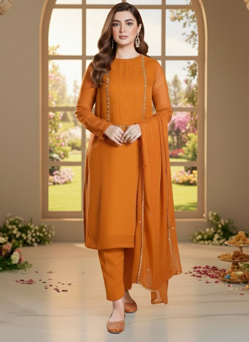 Orange Georgette Zari Sequins Straight Pant Suit Festive Wear