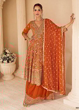 Orange Georgette Zarkan Stone Embroidered Sequins A Line Palazzo Suit