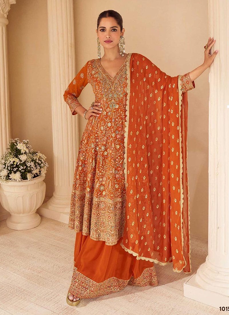 Orange Georgette Zarkan Stone Embroidered Sequins A Line Palazzo Suit Wedding Wear