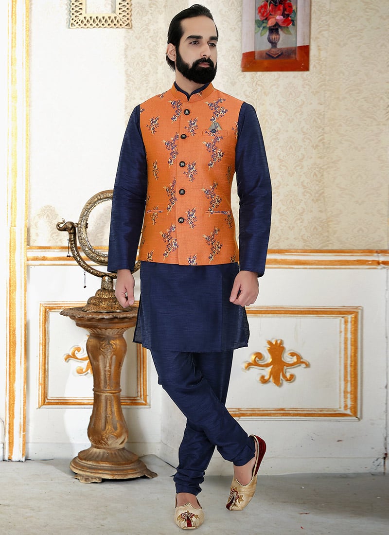 Orange Jacquard Art Silk Bandhgala Jacket