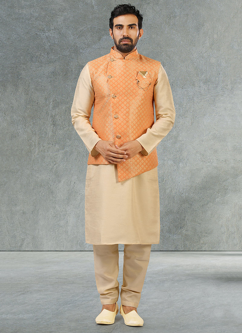 Orange Jacquard Benarasi Silk Bandi Set Party Wear