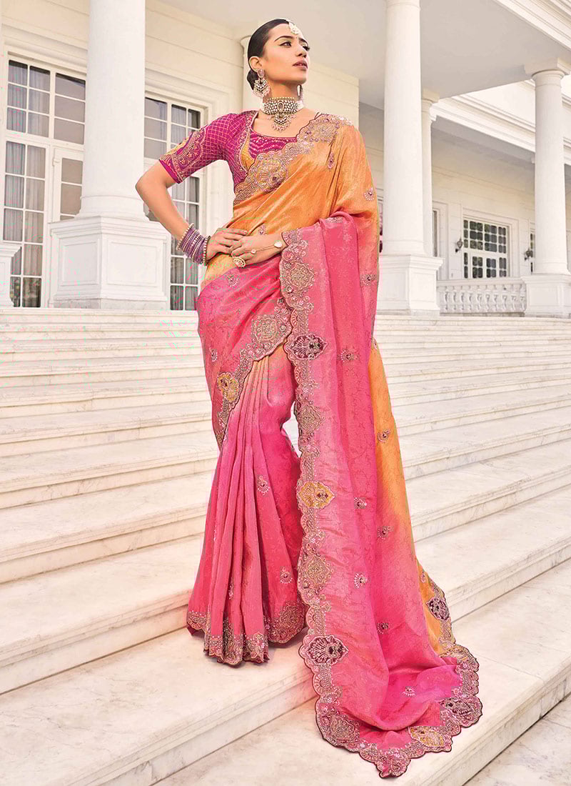 Orange Jacquard Crepe Zari Zarkan Embroidered Sequins With Beads And Stone Work Saree Wedding Wear